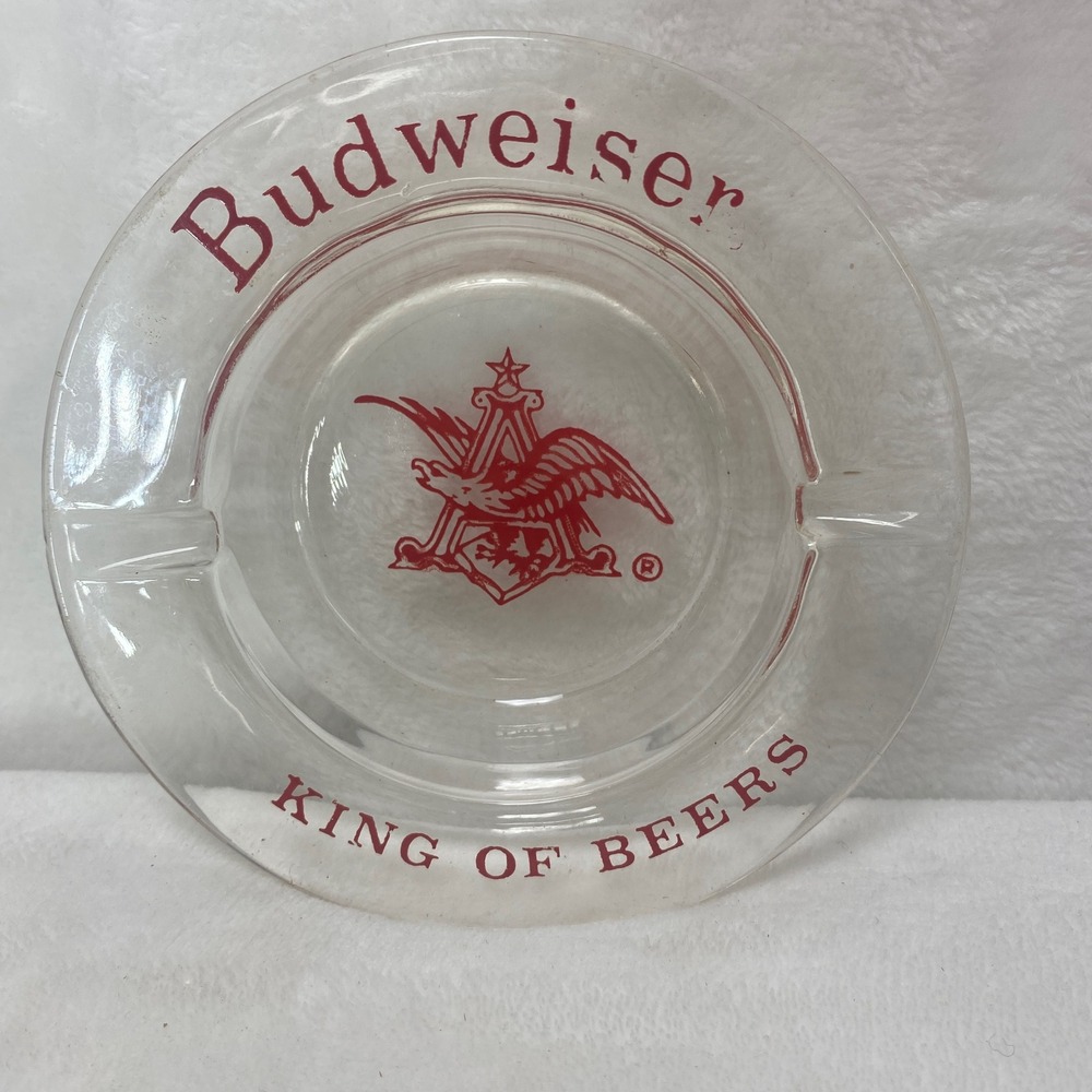 VTG Budweiser King of Beers Red/Clear 5" Glass Ashtray Red Eagle Logo Barware